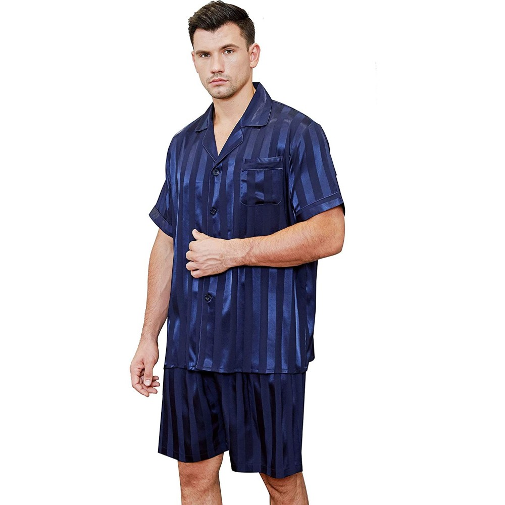 Sleep Sets Mens Satin Short Pajamas Set Sleepwear Loungewear S~4XL - Navy Blue - C718H09XLKL