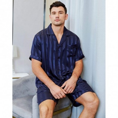 Sleep Sets Mens Satin Short Pajamas Set Sleepwear Loungewear S~4XL - Navy Blue - C718H09XLKL