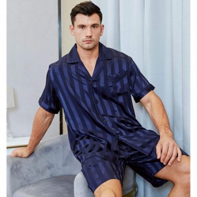 Sleep Sets Mens Satin Short Pajamas Set Sleepwear Loungewear S~4XL - Navy Blue - C718H09XLKL