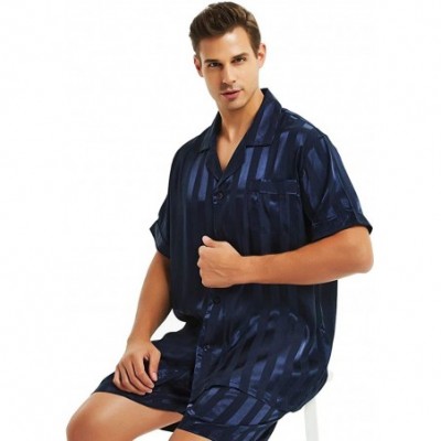 Sleep Sets Mens Satin Short Pajamas Set Sleepwear Loungewear S~4XL - Navy Blue - C718H09XLKL