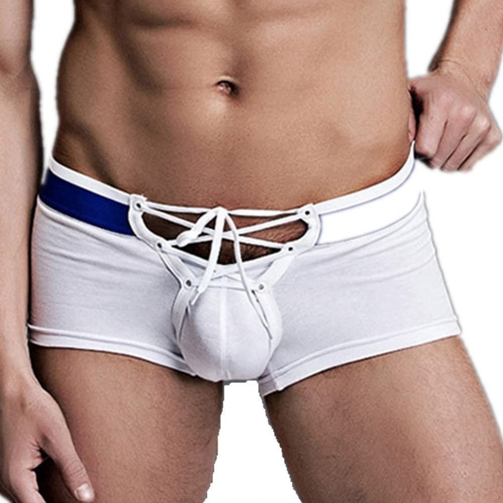 Boxers Men's Sexy Lingerie Cotton Tie Rope Cute Boxer Brief Underwear Panties - White - CW12MYD379P