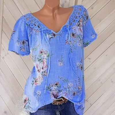 Thermal Underwear Blouses for Women Fashion 2019- Lace Splice Print Floral Cotton Linen Casual Tops Slim V-Neck T-Shirt - Blu...