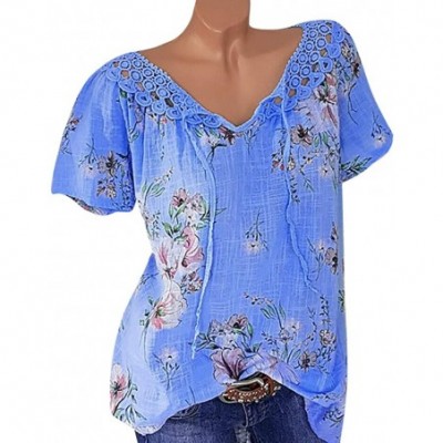 Thermal Underwear Blouses for Women Fashion 2019- Lace Splice Print Floral Cotton Linen Casual Tops Slim V-Neck T-Shirt - Blu...