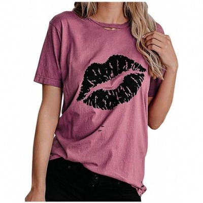 Thermal Underwear Womens Crew Neck Lips Printed Fart Holes Casual Loose Short Sleeve Top T-Shirt Blouse - Pink - CF199NE2MRS