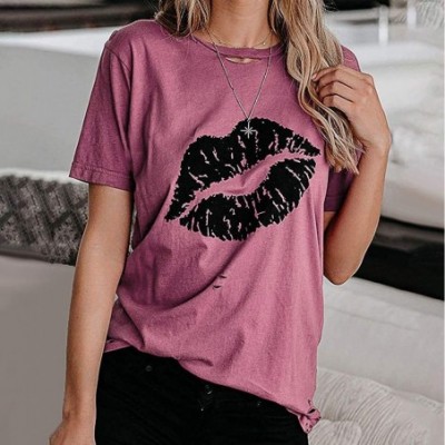 Thermal Underwear Womens Crew Neck Lips Printed Fart Holes Casual Loose Short Sleeve Top T-Shirt Blouse - Pink - CF199NE2MRS