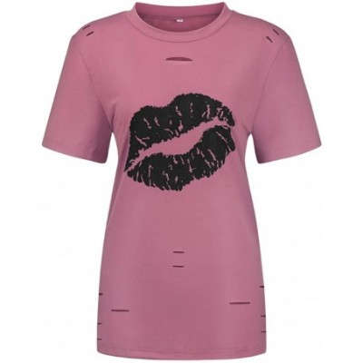 Thermal Underwear Womens Crew Neck Lips Printed Fart Holes Casual Loose Short Sleeve Top T-Shirt Blouse - Pink - CF199NE2MRS