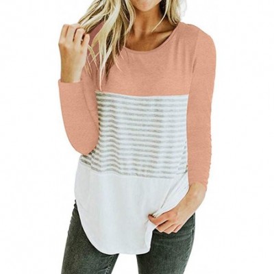 Thermal Underwear Womens Striped Patchwork Crewneck Long Sleeve Blouse Tshirts Casual Loose Fit Tee Tops - Pink - CL1942R7Y7R