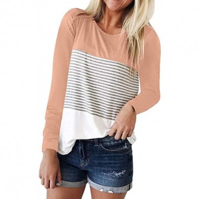 Thermal Underwear Womens Striped Patchwork Crewneck Long Sleeve Blouse Tshirts Casual Loose Fit Tee Tops - Pink - CL1942R7Y7R