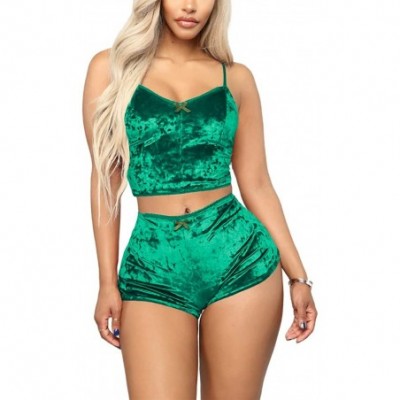 Sets Womens Sexy Velvet Pajamas 2 Piece Outfit Spaghetti Strap Crop Top Camisole Sleepwear Shorts Nightwear Set Green - CK192...