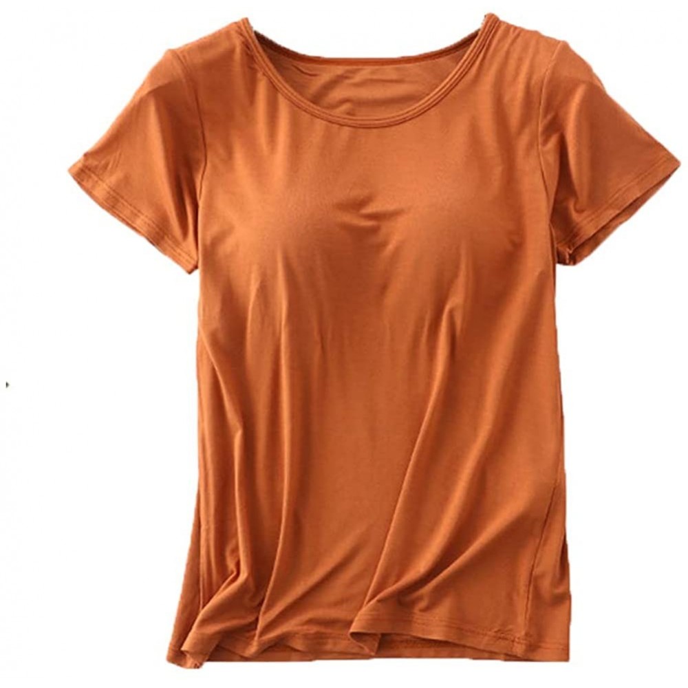 Camisoles & Tanks Women's Modal Built-in Bra Padded Active Camisole Short Sleeves Pajama Casual Tops T-Shirt - 066 Brown - CX...