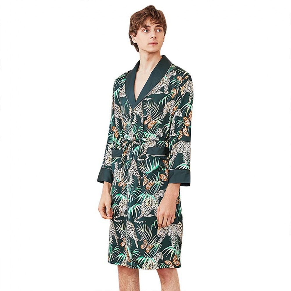 Robes Mens Bathrobe Satin Print Robe Spa Long Sleeve House Kimono Sleepwear Loungewear - Green - CN18ADH5NWL