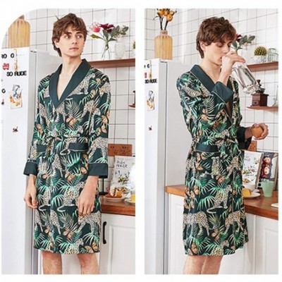 Robes Mens Bathrobe Satin Print Robe Spa Long Sleeve House Kimono Sleepwear Loungewear - Green - CN18ADH5NWL