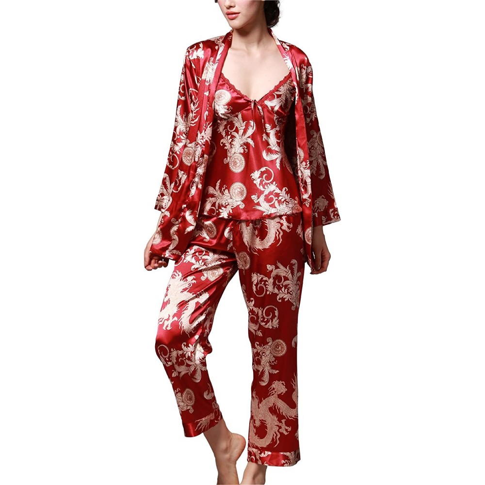 Sets Women's Pajama Sets Elegance 3pcs Silk Pajamas Womens Sleepwear Sets - Burgundy - CC12NH0N8QJ