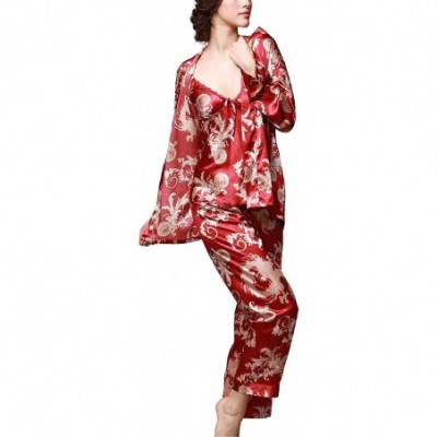 Sets Women's Pajama Sets Elegance 3pcs Silk Pajamas Womens Sleepwear Sets - Burgundy - CC12NH0N8QJ