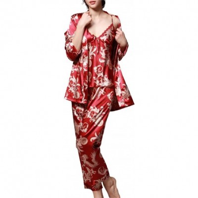 Sets Women's Pajama Sets Elegance 3pcs Silk Pajamas Womens Sleepwear Sets - Burgundy - CC12NH0N8QJ