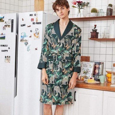 Robes Mens Bathrobe Satin Print Robe Spa Long Sleeve House Kimono Sleepwear Loungewear - Green - CN18ADH5NWL