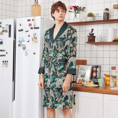 Robes Mens Bathrobe Satin Print Robe Spa Long Sleeve House Kimono Sleepwear Loungewear - Green - CN18ADH5NWL