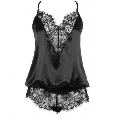 Baby Dolls & Chemises Women Sexy Solid Color Lace V Neck Backless Erotic Sleepwear Nightie Mini Babydoll - Black - CY196K248XD