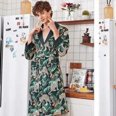 Robes Mens Bathrobe Satin Print Robe Spa Long Sleeve House Kimono Sleepwear Loungewear - Green - CN18ADH5NWL