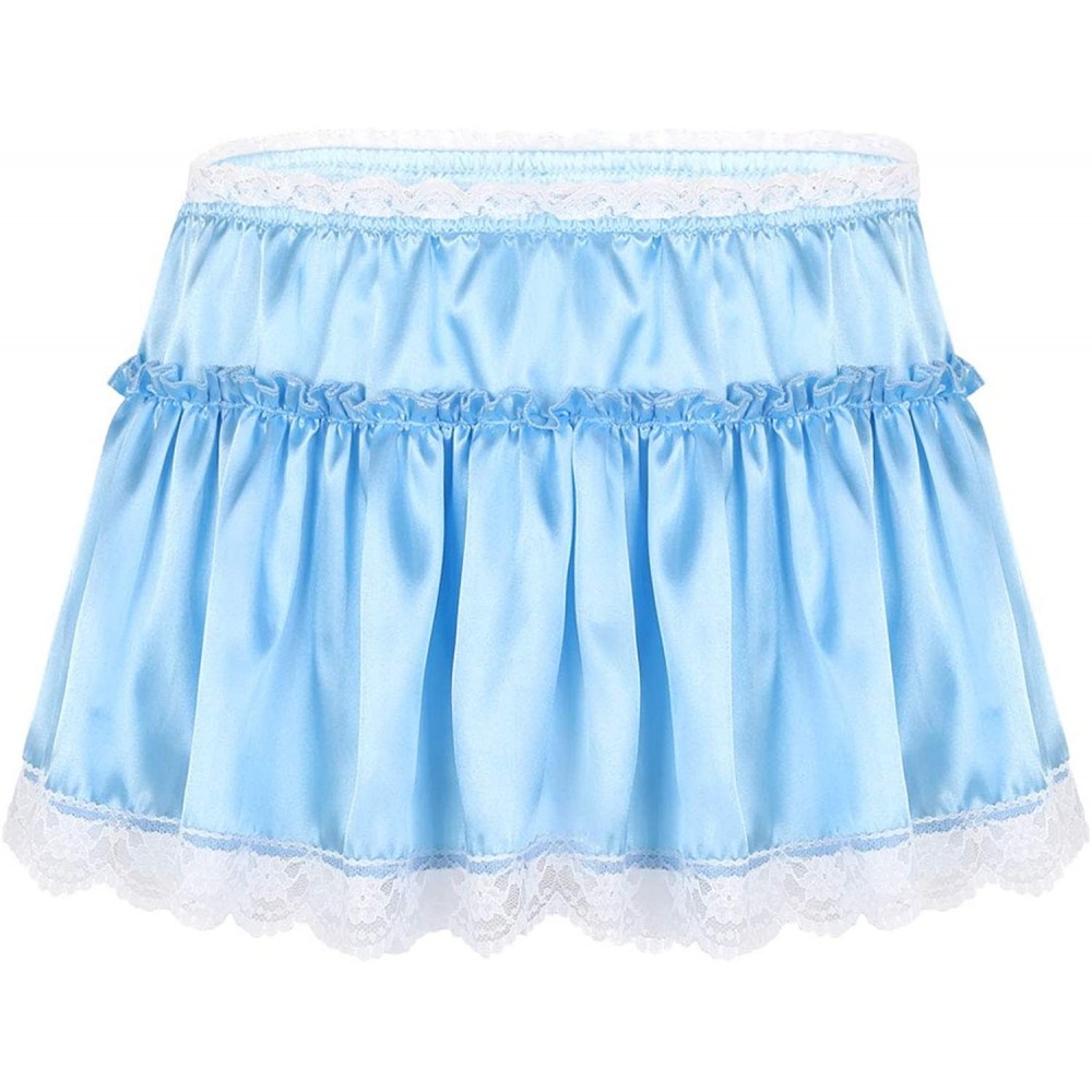 Briefs Men's Satin Frilly Skirt Sissy Crossdress Bloomer Ruffled Skirted Underwear Lingerie - Sky Blue - CF18AA2AQK5