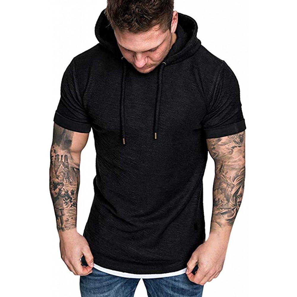 Thermal Underwear Fashion Men's Slim Fit Casual Pattern Large Size Short Sleeve Hoodie Top Blouse - Black - CR18SA7UQ3A