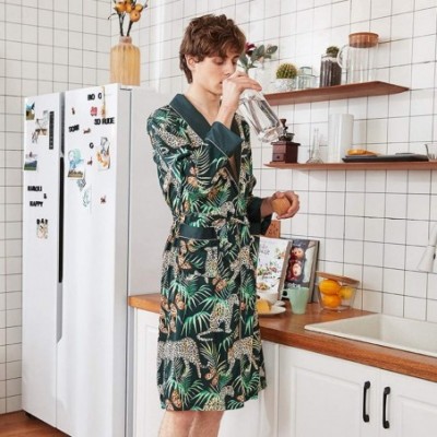 Robes Mens Bathrobe Satin Print Robe Spa Long Sleeve House Kimono Sleepwear Loungewear - Green - CN18ADH5NWL