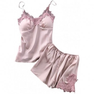 Tops Women Night Sleepwear Sexy Satin Sling Sleepwear Lingerie Lace Nightdress Underwear Set - Pink - CR1943KMKW7