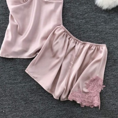 Tops Women Night Sleepwear Sexy Satin Sling Sleepwear Lingerie Lace Nightdress Underwear Set - Pink - CR1943KMKW7