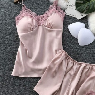 Tops Women Night Sleepwear Sexy Satin Sling Sleepwear Lingerie Lace Nightdress Underwear Set - Pink - CR1943KMKW7