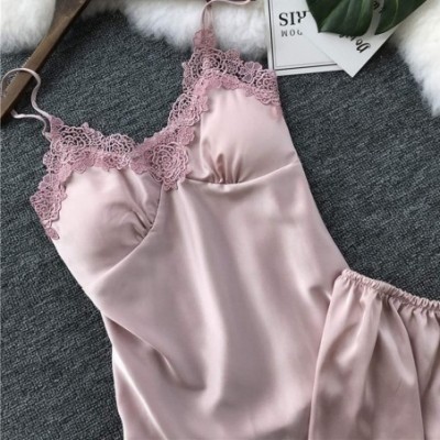 Tops Women Night Sleepwear Sexy Satin Sling Sleepwear Lingerie Lace Nightdress Underwear Set - Pink - CR1943KMKW7