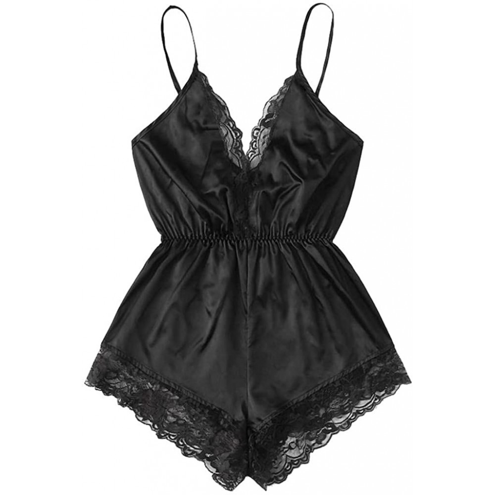 Robes Lace Trim Teddy Sling Nighty Short Lingerie Girl V-Neck Open Chest Bodysuit Lace Splice Nightwear - Black - CA18SNKZDZU