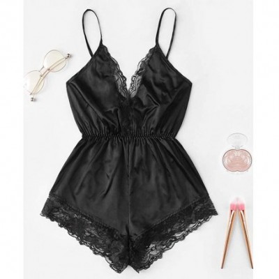 Robes Lace Trim Teddy Sling Nighty Short Lingerie Girl V-Neck Open Chest Bodysuit Lace Splice Nightwear - Black - CA18SNKZDZU