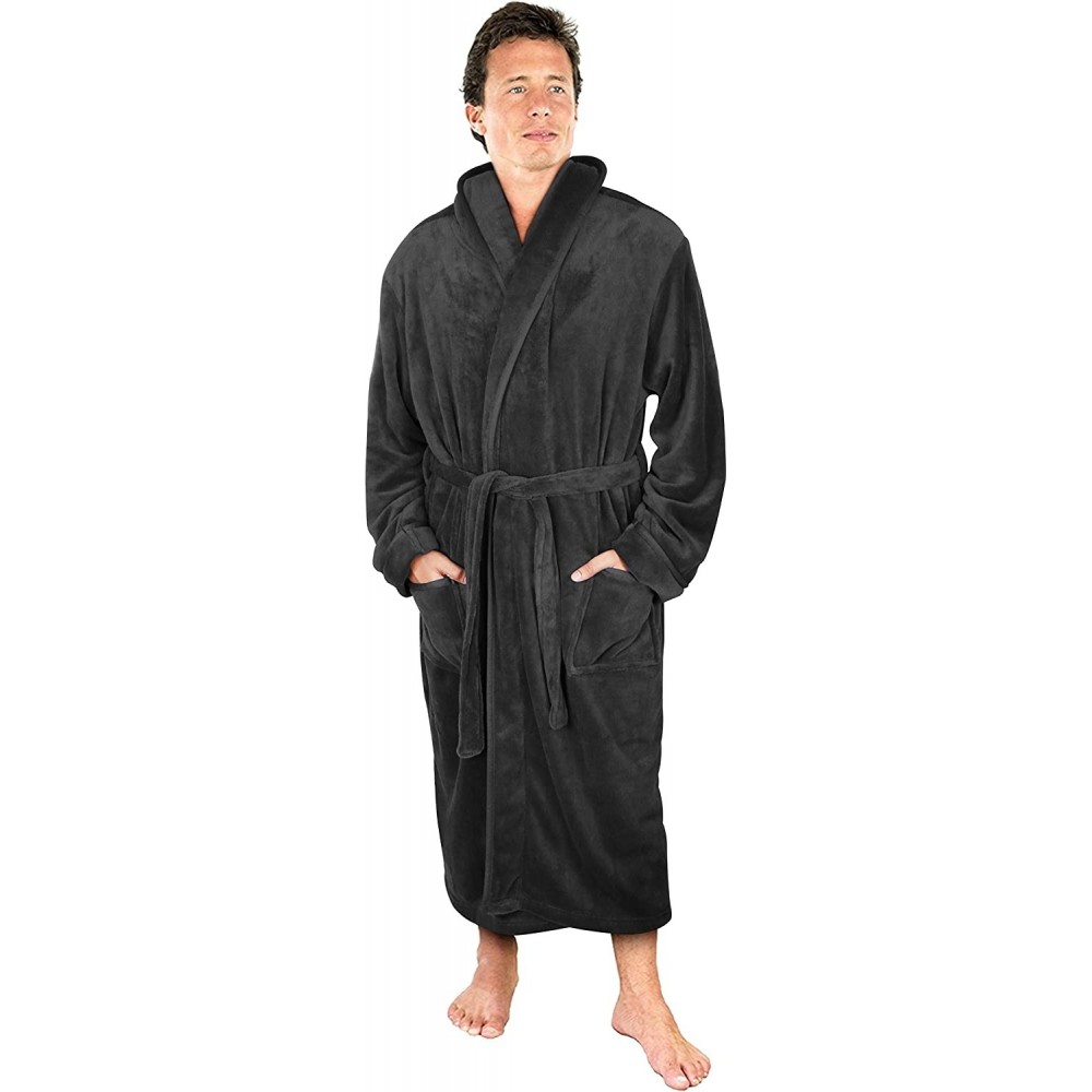 Robes Luxurious Men's Shawl Collar Fleece Bathrobe Spa Robe - Grey - CI183M89GU5