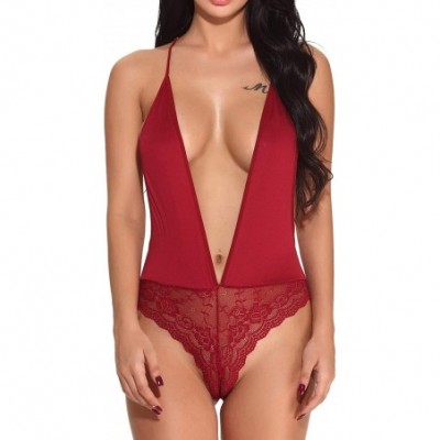 Baby Dolls & Chemises Women's V-Neck Underwear Lace Screen Gauze Stitching Babydoll Teddy Sexy Lace Jumpsuit - Wine Red - CD1...