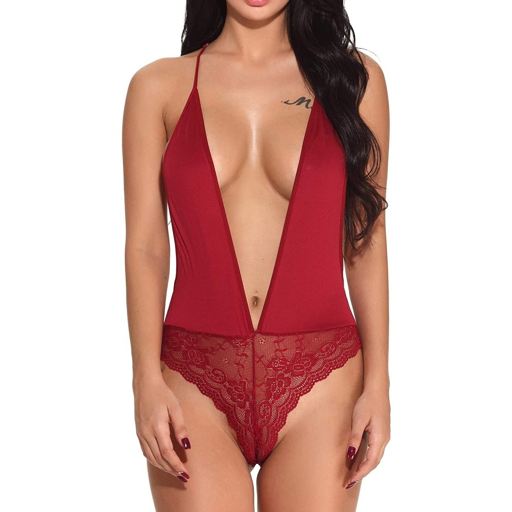 Baby Dolls & Chemises Women's V-Neck Underwear Lace Screen Gauze Stitching Babydoll Teddy Sexy Lace Jumpsuit - Wine Red - CD1...