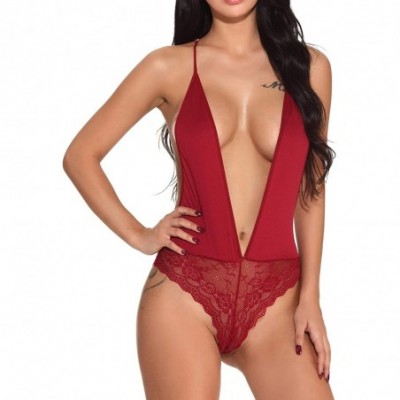 Baby Dolls & Chemises Women's V-Neck Underwear Lace Screen Gauze Stitching Babydoll Teddy Sexy Lace Jumpsuit - Wine Red - CD1...