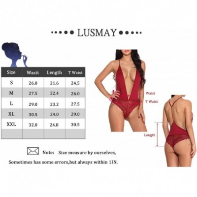 Baby Dolls & Chemises Women's V-Neck Underwear Lace Screen Gauze Stitching Babydoll Teddy Sexy Lace Jumpsuit - Wine Red - CD1...