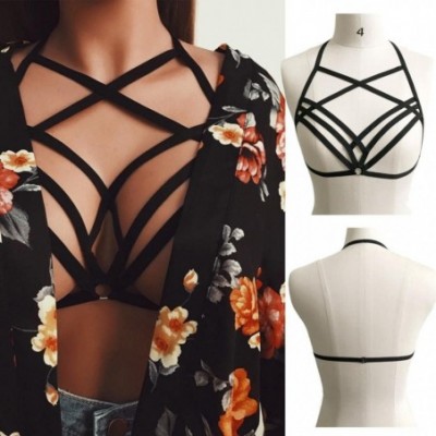 Tops Sexy Women Girl Appliques Hollow Out Elastic Cage Bra Bandage Strappy Halter Bra - Black -7 - CM189A6ADZN