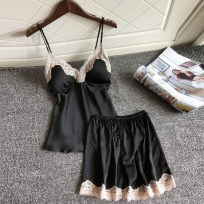 Sets Women's Pajamas Sexy Lace Sleepwear Cami Top and Shorts Pajama Set Babydoll Shorts - Black - CU194UHXXCZ