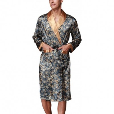 Robes Men's Satin Kimono Robe Long Silk Classic Nightgown Luxury Lightweight Spa Bathrobe - Navy - C818LZST8KX