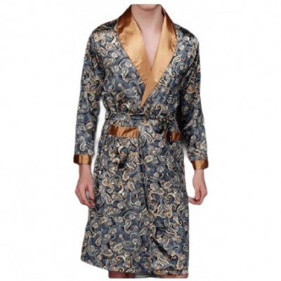 Robes Men Slim Fit Belted Charmeuse Printing Pjs Skinny Sleep Robe - Navy Blue - CE18YE6ZGT2