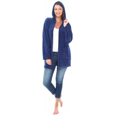 Robes Knit Fleece Zip Up Hoodie- Zipped Cardigan Sweater Robe - Navy Blue With Hood - C318D757ETO