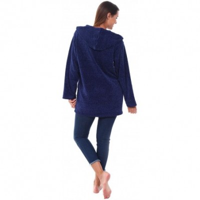 Robes Knit Fleece Zip Up Hoodie- Zipped Cardigan Sweater Robe - Navy Blue With Hood - C318D757ETO