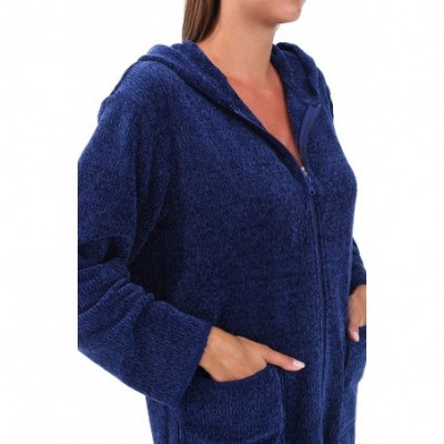 Robes Knit Fleece Zip Up Hoodie- Zipped Cardigan Sweater Robe - Navy Blue With Hood - C318D757ETO