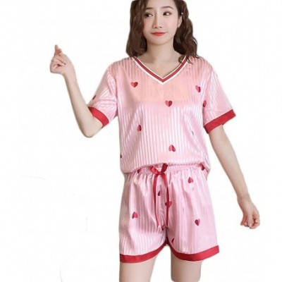 Robes Casual V-Neck Tops Lace-up Bottom Nightwear Sets Heart Printed Stripe Nightgown for Women - Pink - C8198D5TE46