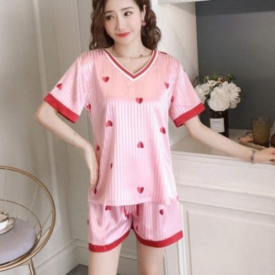 Robes Casual V-Neck Tops Lace-up Bottom Nightwear Sets Heart Printed Stripe Nightgown for Women - Pink - C8198D5TE46