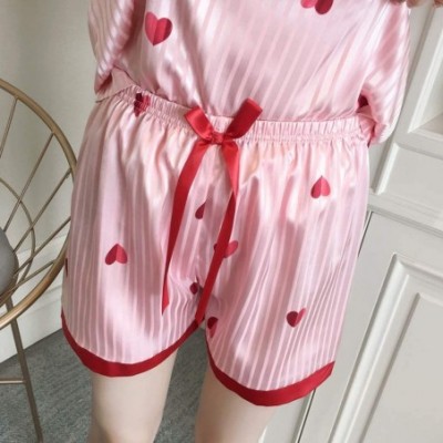 Robes Casual V-Neck Tops Lace-up Bottom Nightwear Sets Heart Printed Stripe Nightgown for Women - Pink - C8198D5TE46