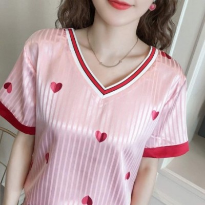 Robes Casual V-Neck Tops Lace-up Bottom Nightwear Sets Heart Printed Stripe Nightgown for Women - Pink - C8198D5TE46