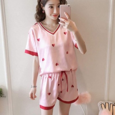 Robes Casual V-Neck Tops Lace-up Bottom Nightwear Sets Heart Printed Stripe Nightgown for Women - Pink - C8198D5TE46