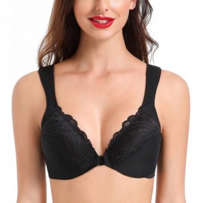 Bras Front Closure Bras for Women Plus Size Underwire Unlined Lace Cup Cushion Strap - Black - C8198CI3DG0